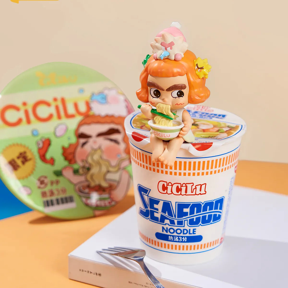 CiCiLu Yummy Ramen figure perched on a CiCiLu Seafood Noodle cup, ocean messenger series