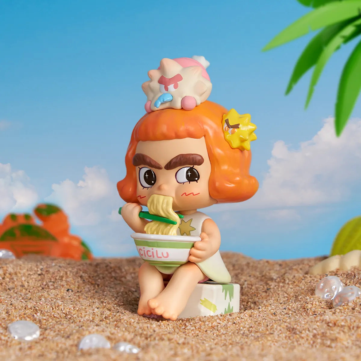 CiCiLu Yummy Ramen figure slurping noodles on sandy beach with crab, ocean messenger series