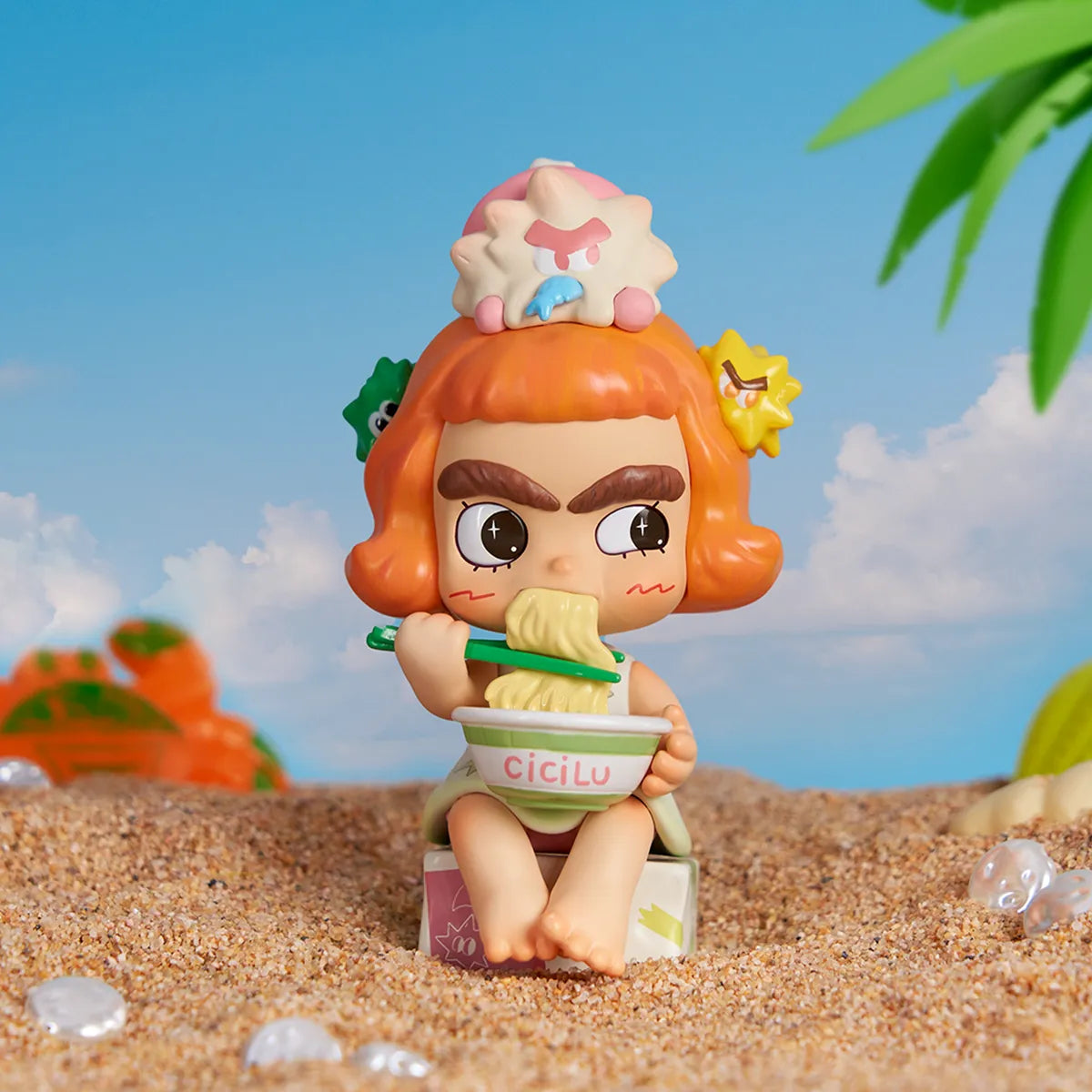 CiCiLu Yummy Ramen figure eating seafood noodles seated on a box on the beach, messenger series