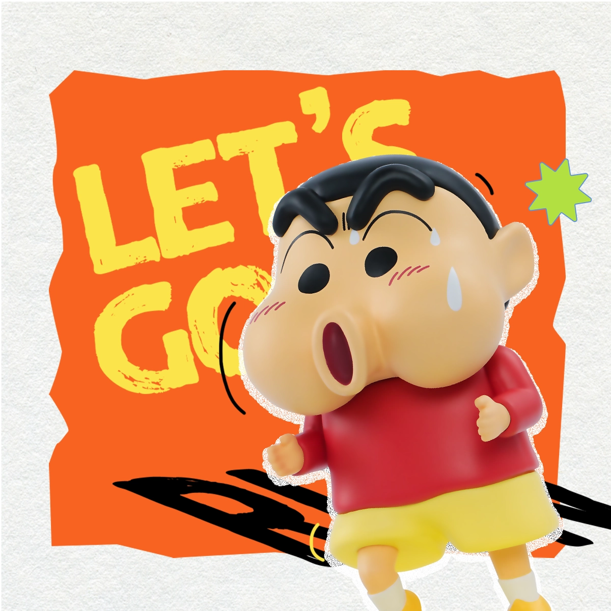 Shinnosuke Nohara running forward with puffed cheeks under Let's Go lettering