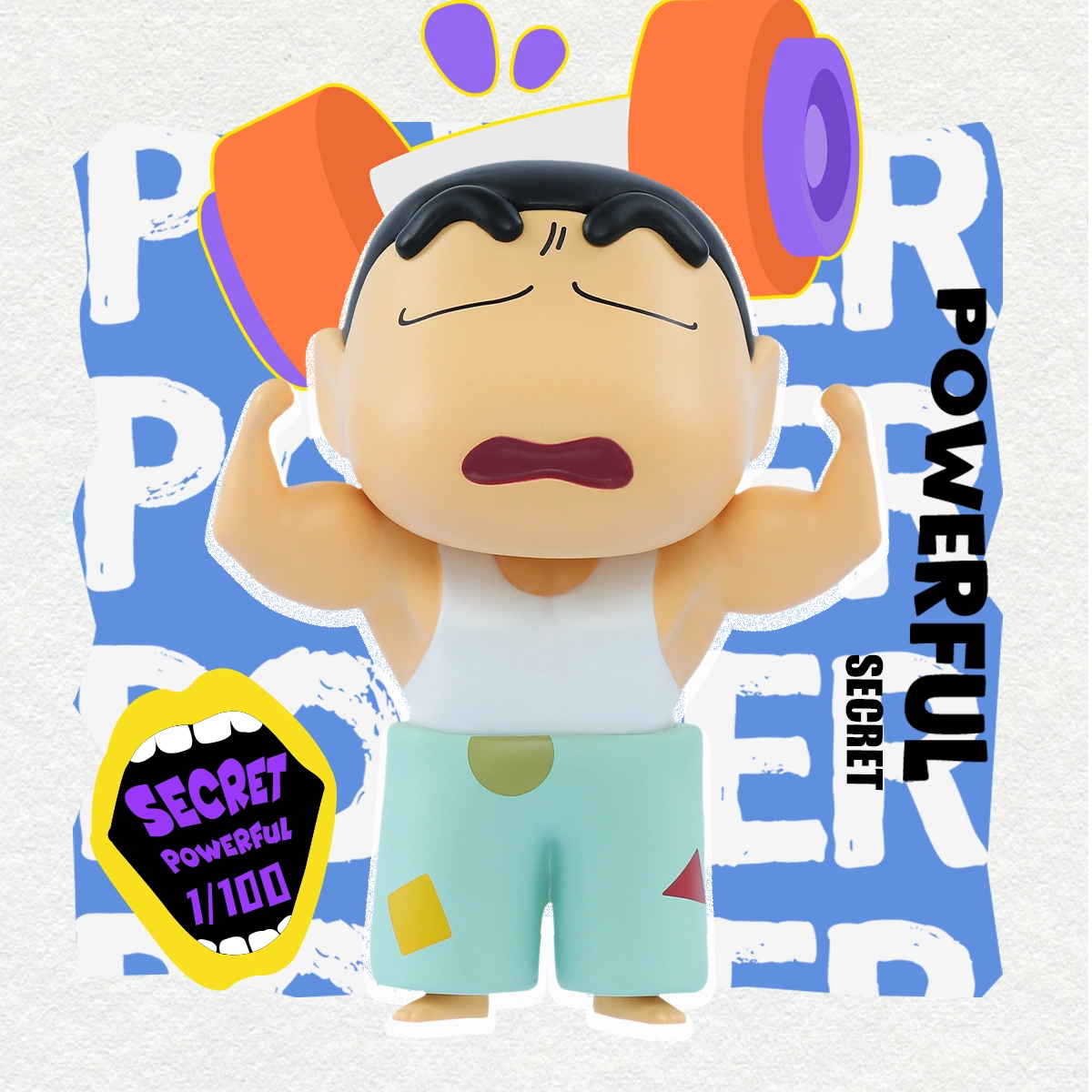 Secret Powerful Shinchan figure lifting orange dumbbells in a white tank top