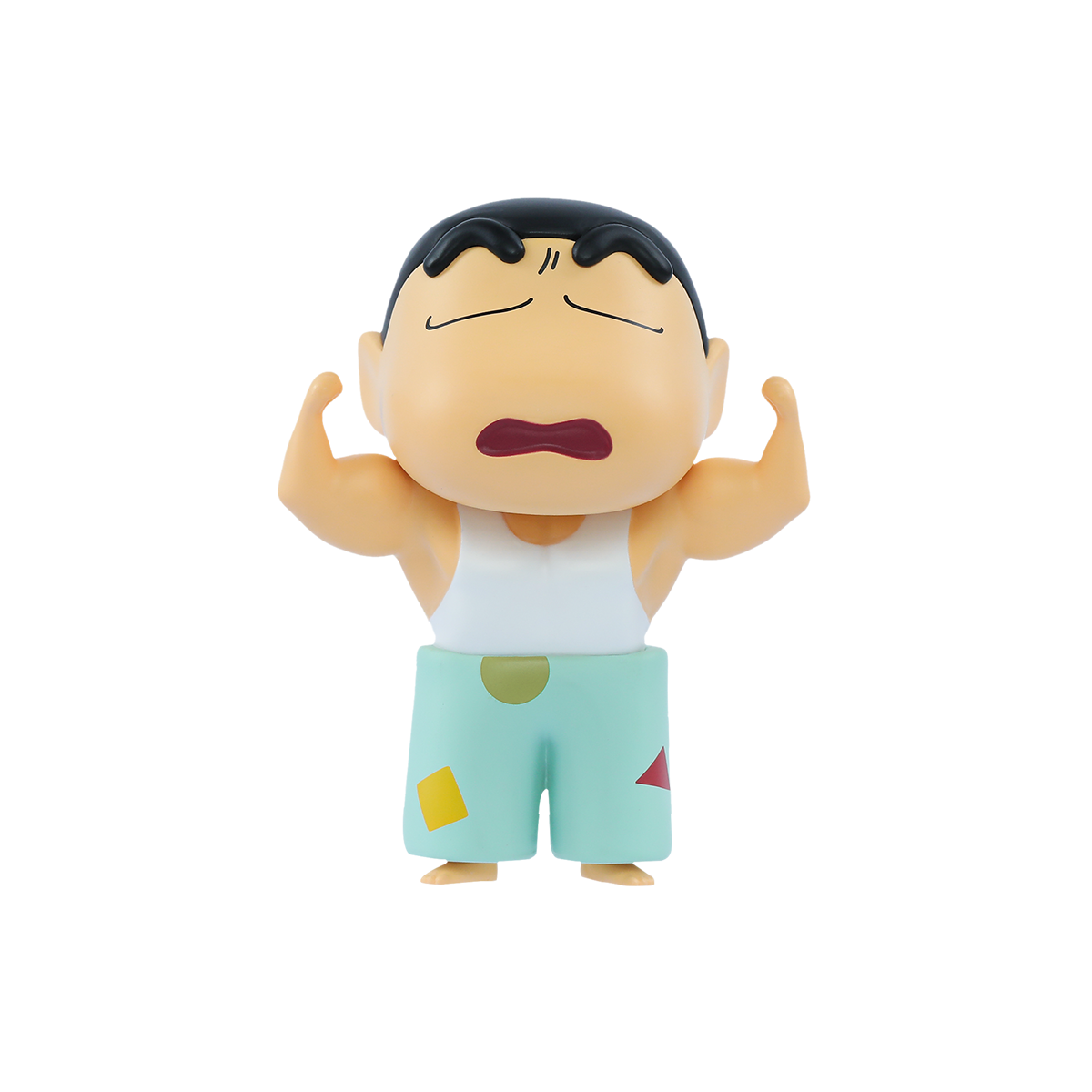 Secret Powerful Shinchan figure front view with orange dumbbells raised