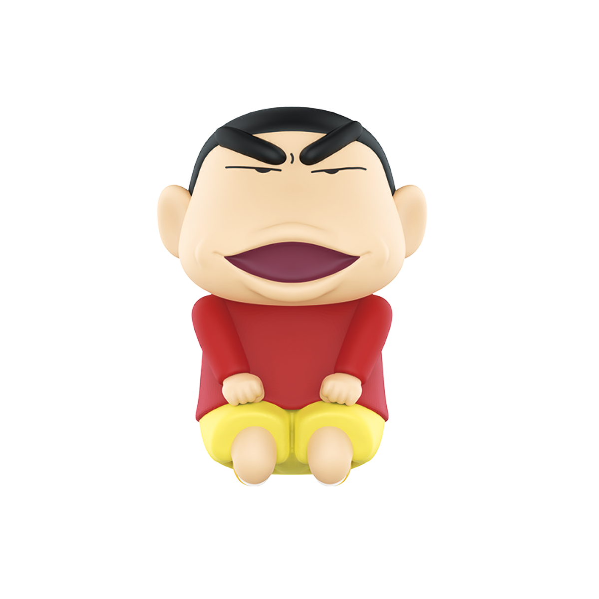 Eerie smiling Shinnosuke Nohara figure seated with eyes closed