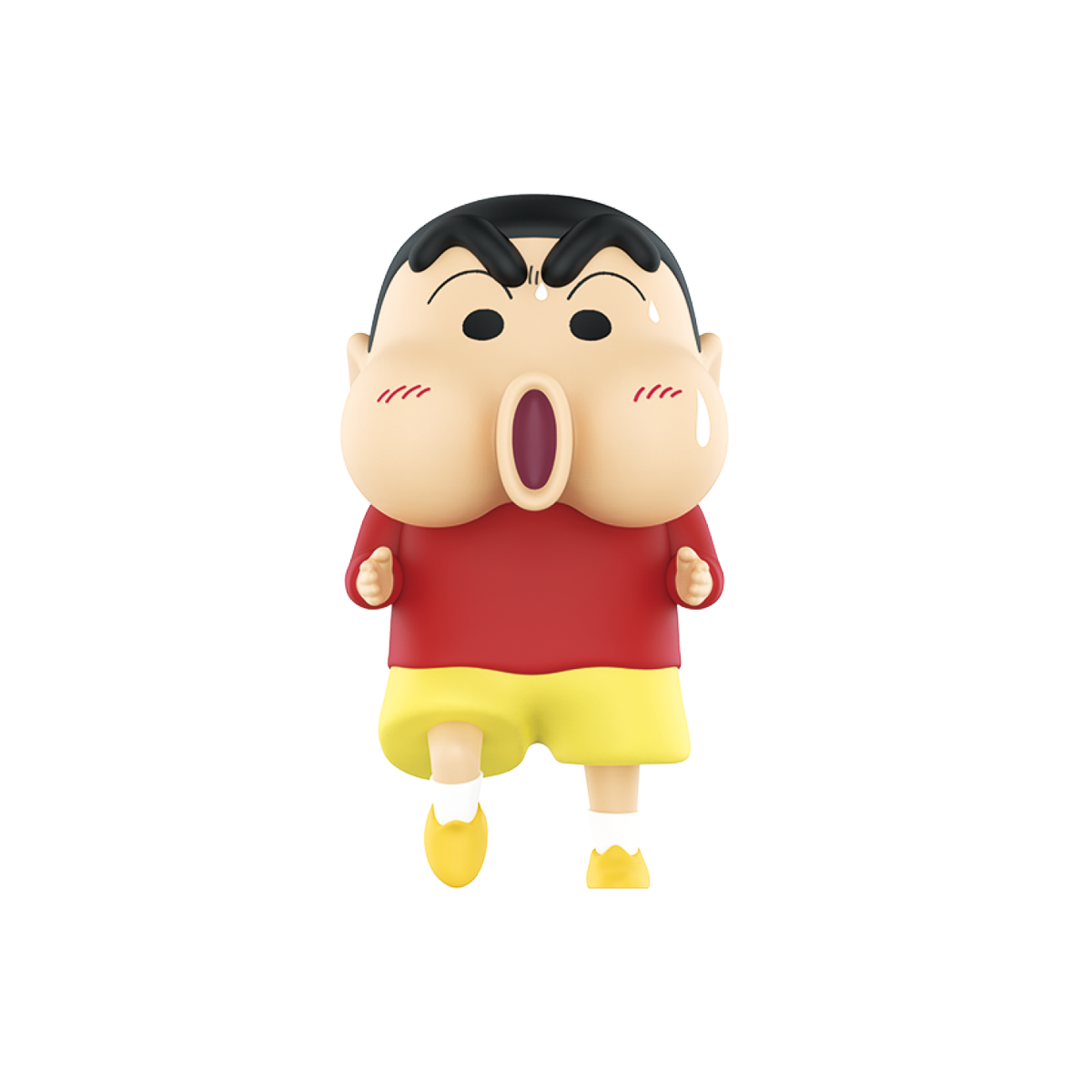 Shinnosuke Nohara running with puffed cheeks and surprised expression