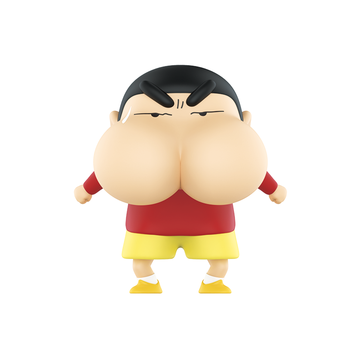 Pouty Shinnosuke Nohara figure with dramatically puffed cheeks isolated on a black background
