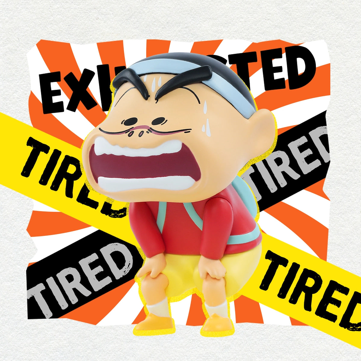 Exhausted Shinnosuke Nohara figure bending forward and shouting
