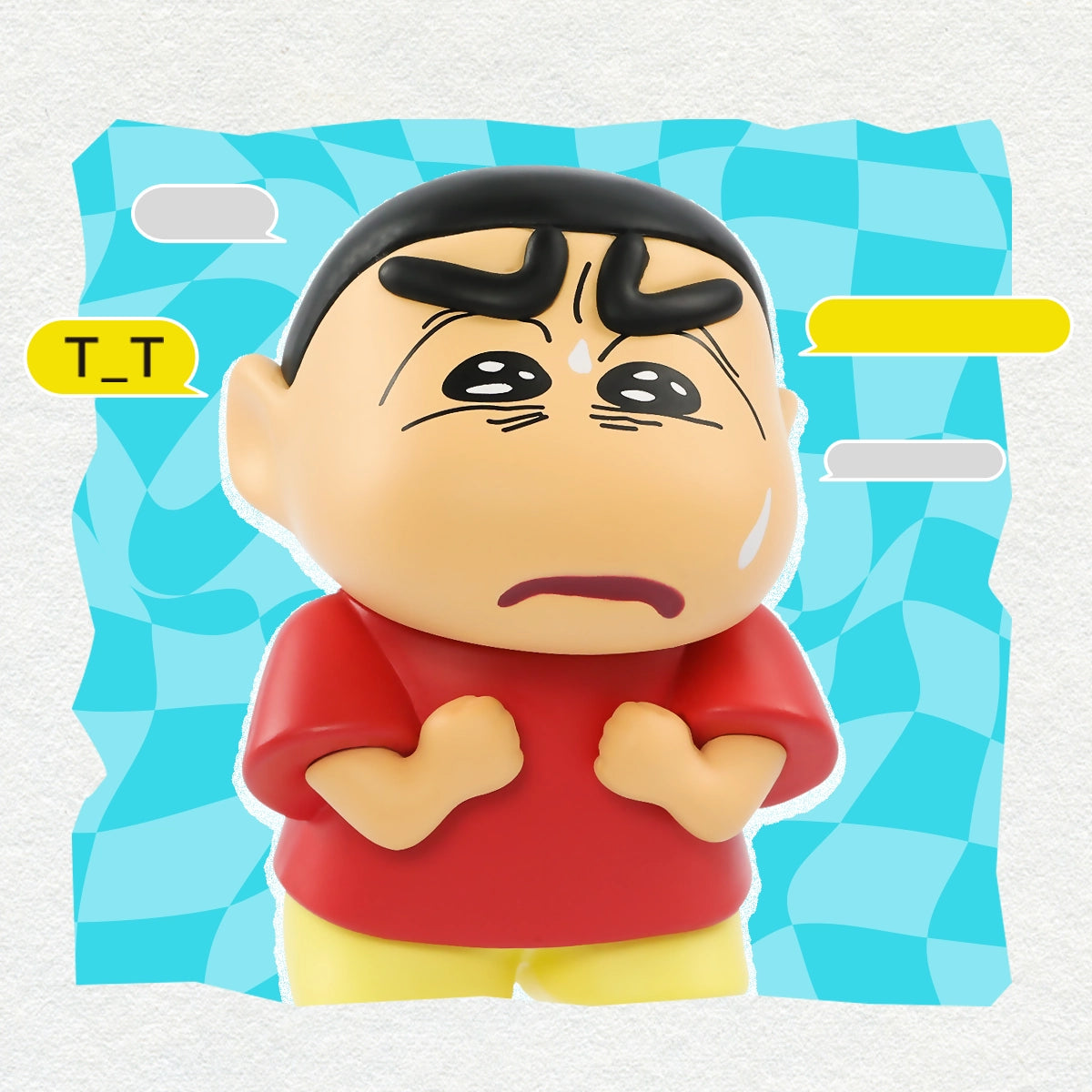Shinnosuke Nohara figure with watery eyes and worried hands