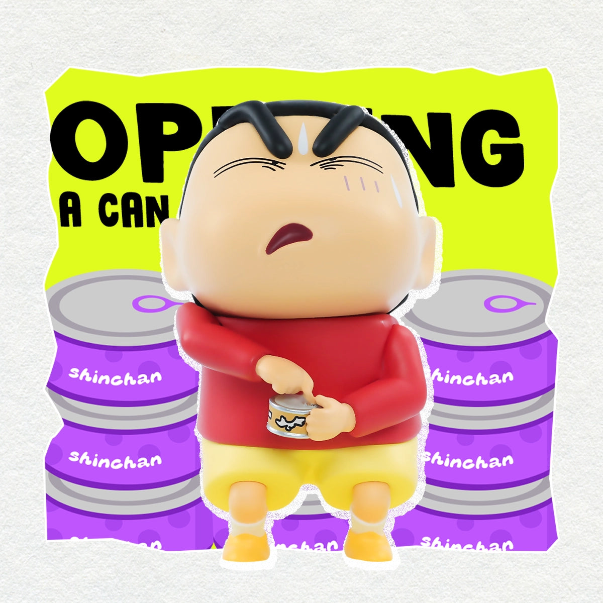 Shinnosuke Nohara straining to open a small can in front of stacked cans