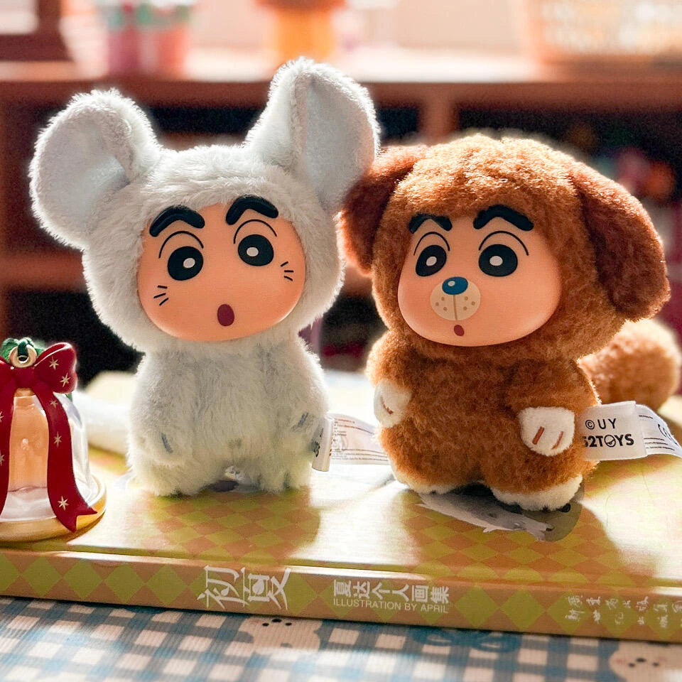 Shinchan Big Tails gray mouse and brown dog costume plush toys standing on books
