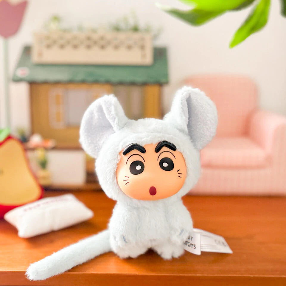 Gray mouse-costume Shinchan Big Tails plush seated with its long gray tail extended