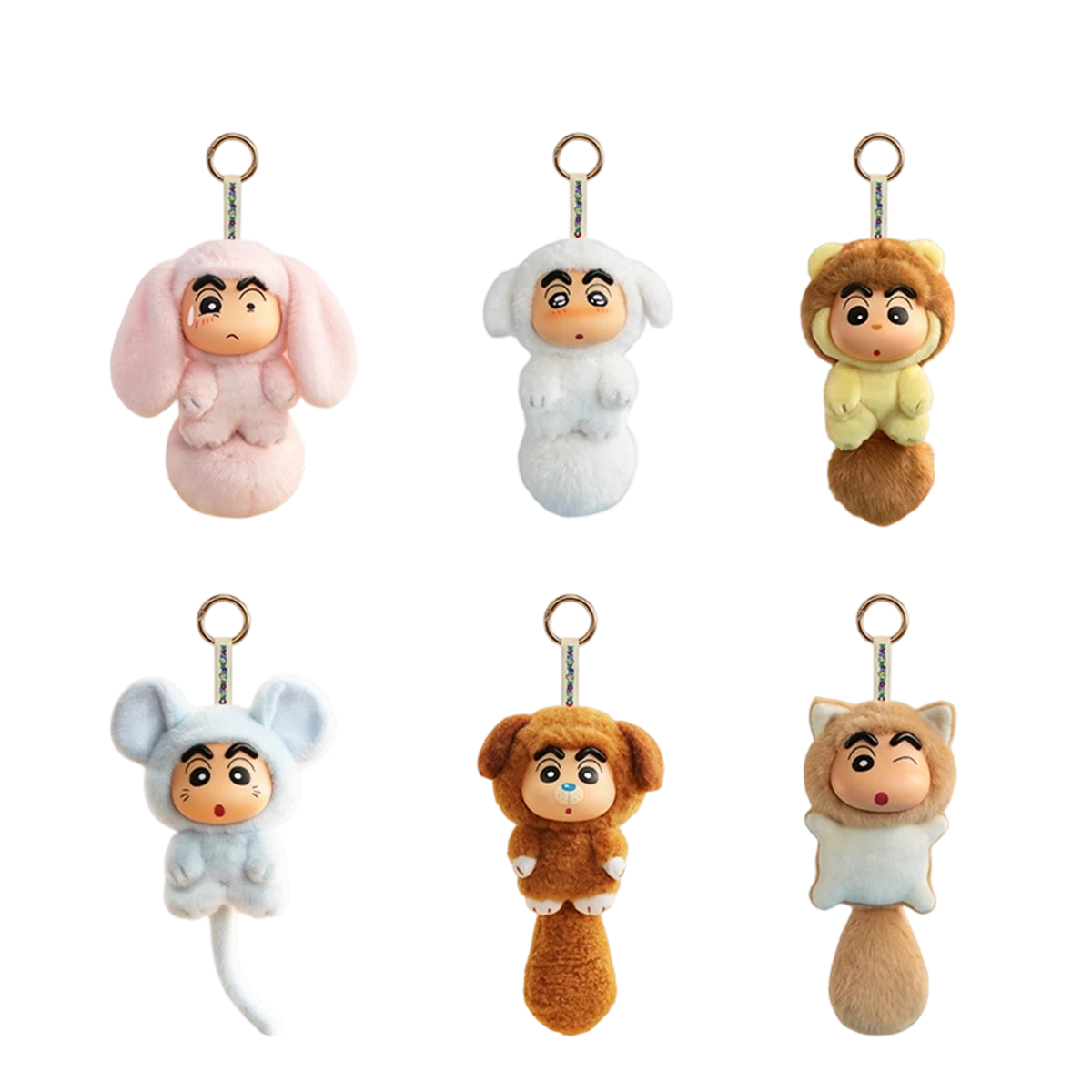 Six Crayon Shinchan Big Tails Series 2 animal-hood plush keychains on white