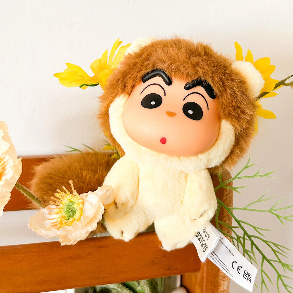 Cream squirrel-costume Shinchan Big Tails plush reclining among white flowers