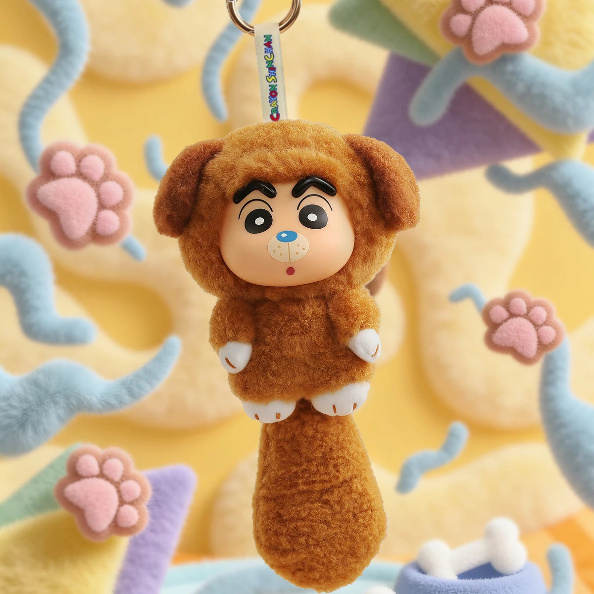 Besty Paws plush keychain, Shinchan in a brown dog hood with white paws and long tail, Big Tails Series 2