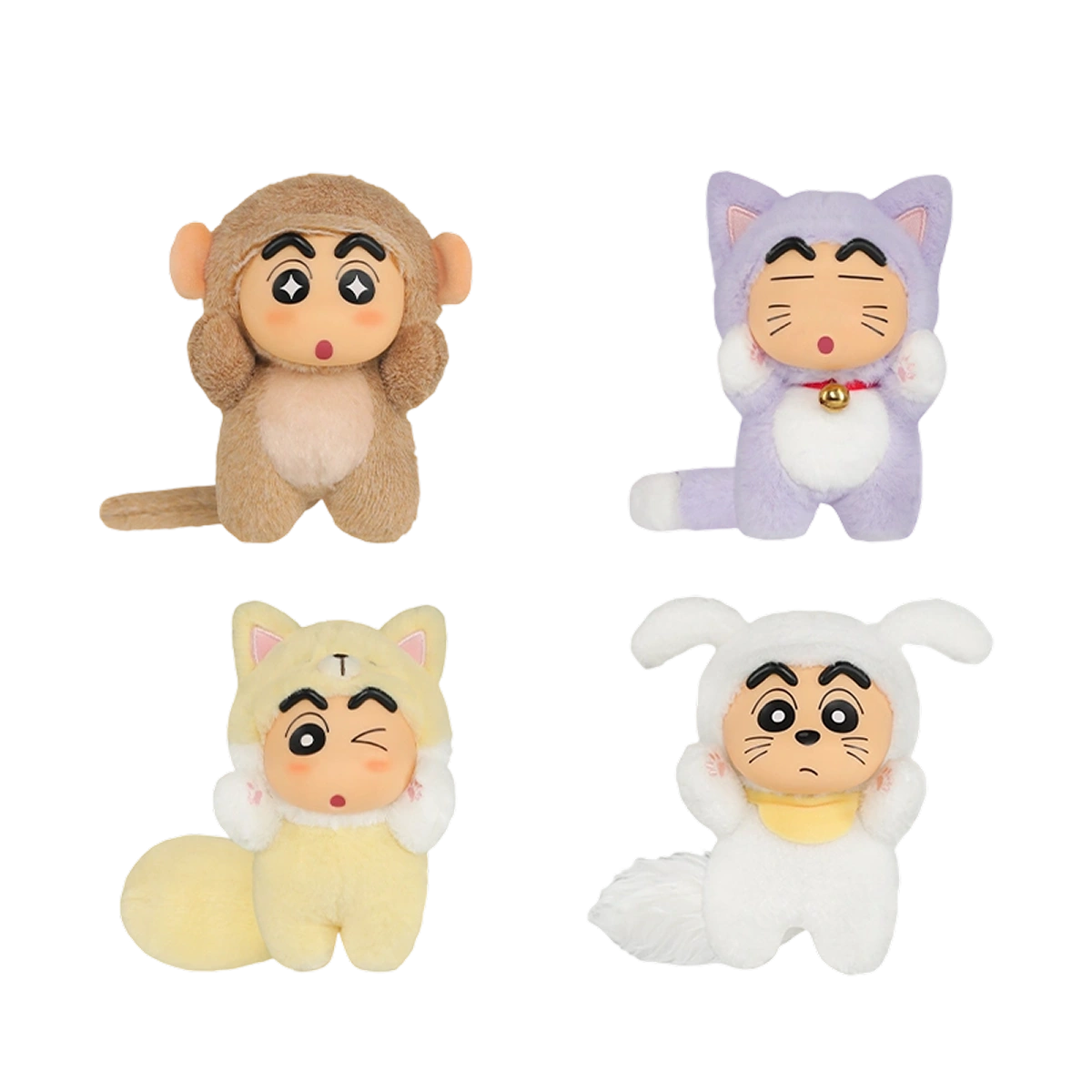 Four Big Tails Shin-chan plushes: Funny Monkey, Sleepy Cat, Pal Wolf and Puppy, blind box