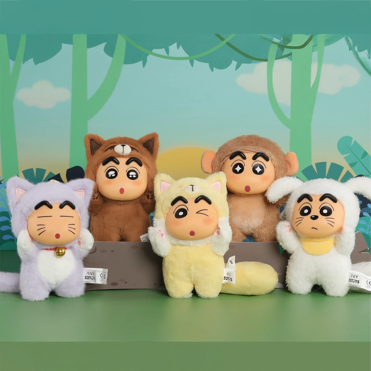 Full lineup of five Crayon Shin-chan Big Tails fluffy animal-costume plush pendants