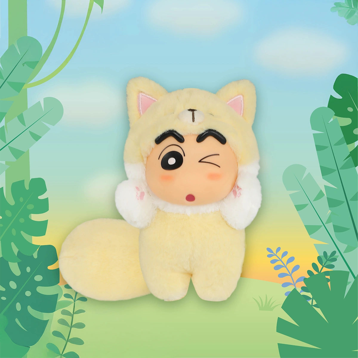 Pal Wolf: winking Shin-chan plush in a cream wolf costume with bushy tail, Big Tails pendant