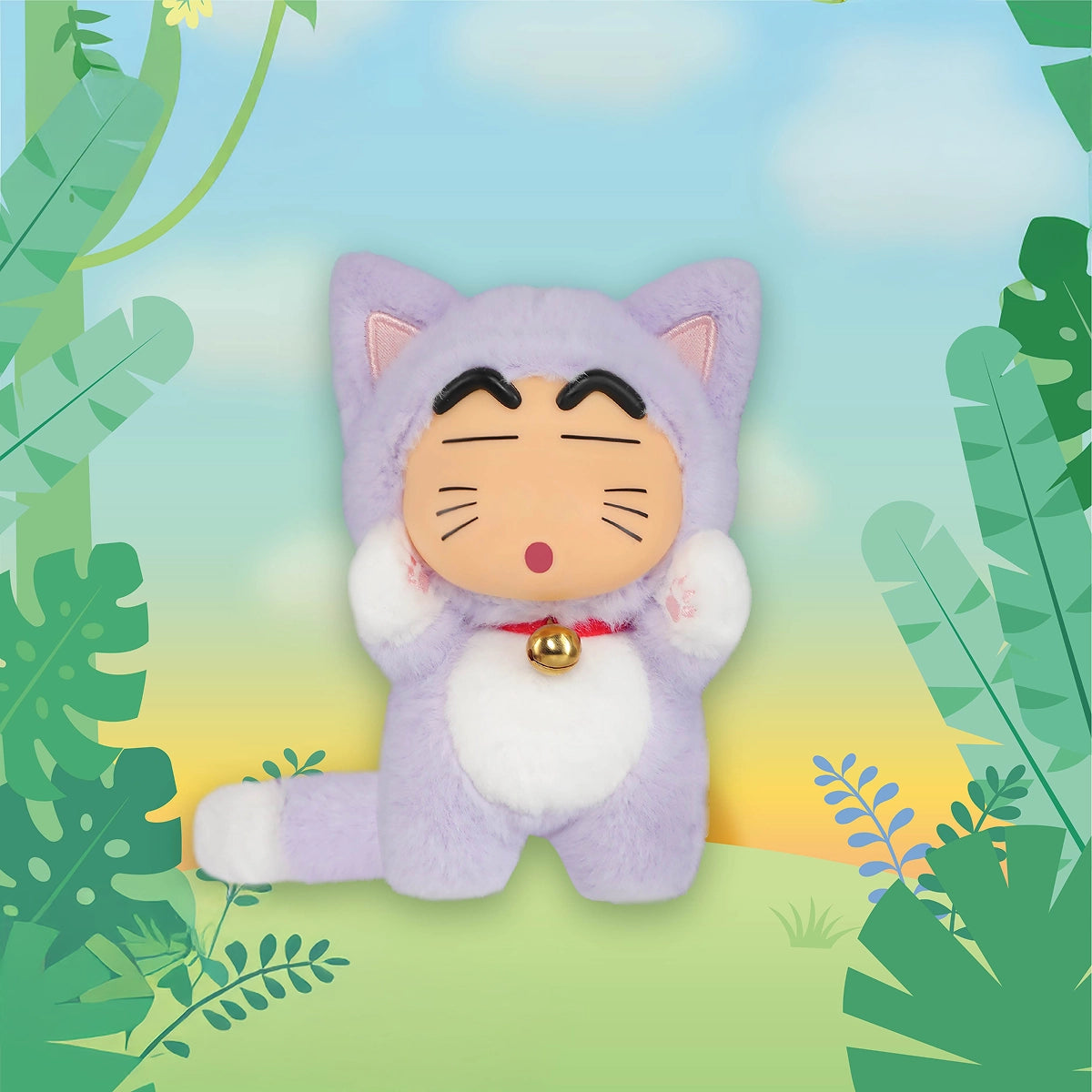 Sleepy Cat Shin-chan plush in a lavender cat costume with gold bell collar, Big Tails pendant