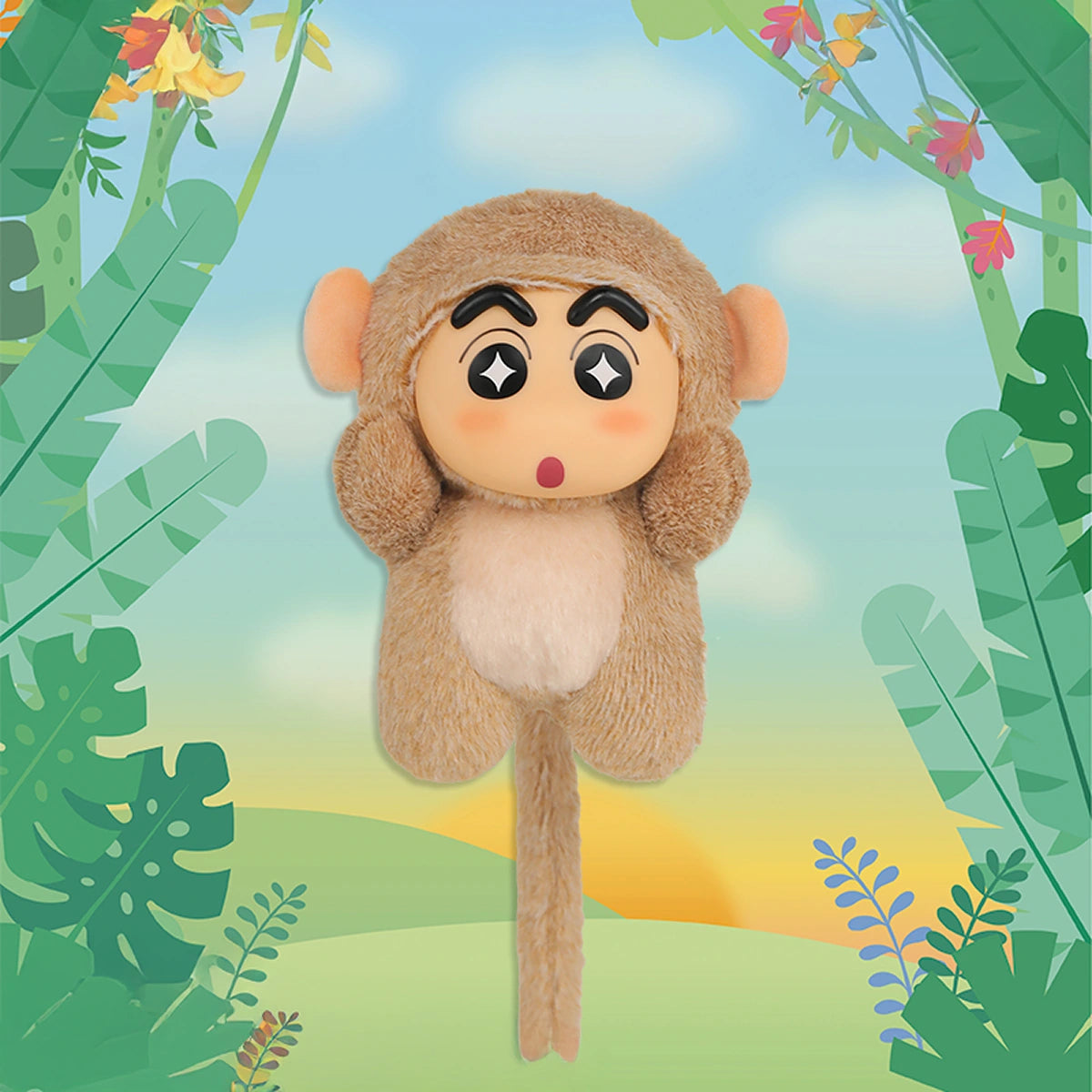Funny Monkey Shin-chan plush in a tan monkey costume with star eyes and curling tail, Big Tails