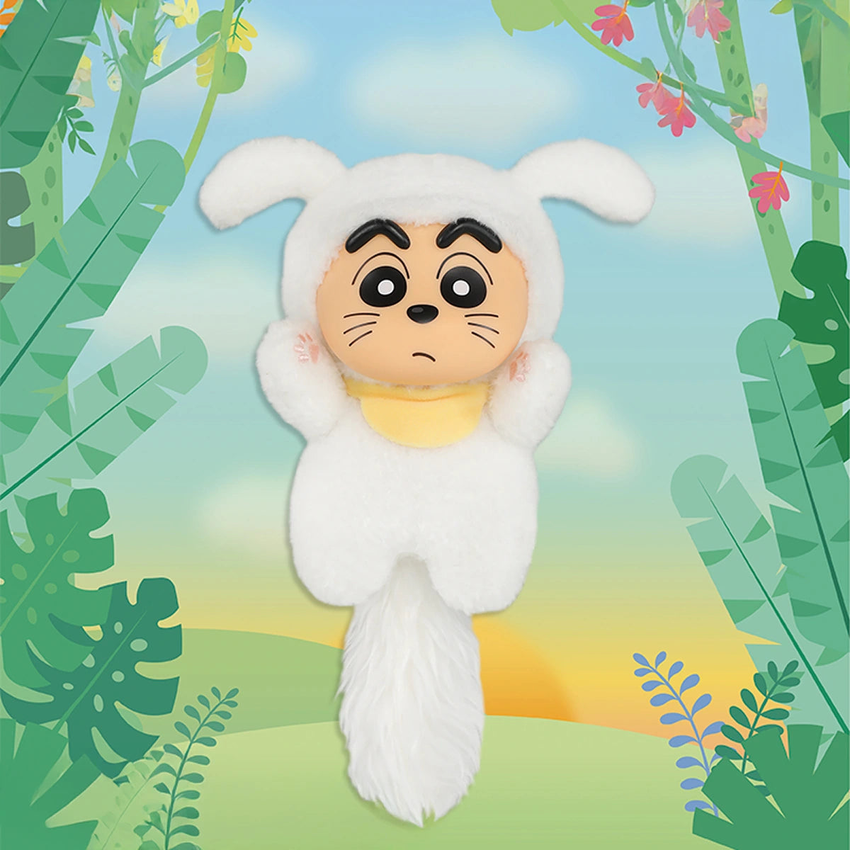 Puppy Shin-chan plush in a white dog costume with floppy ears and fluffy tail, Big Tails pendant