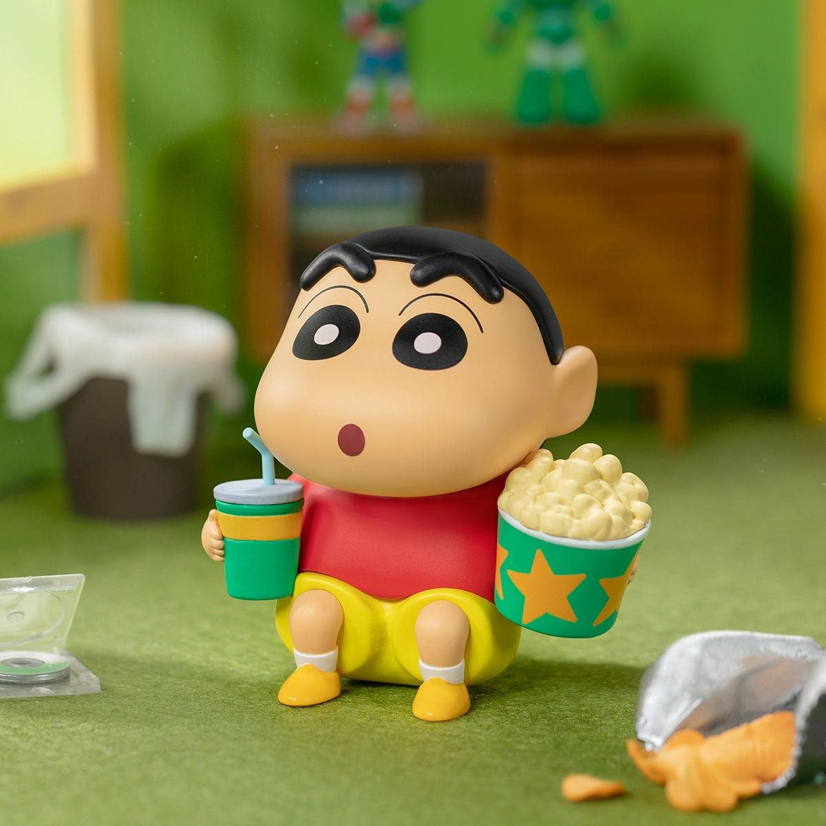Eating Snacks Shin-chan seated with a green drink and star popcorn tub, Daily Life Series 3