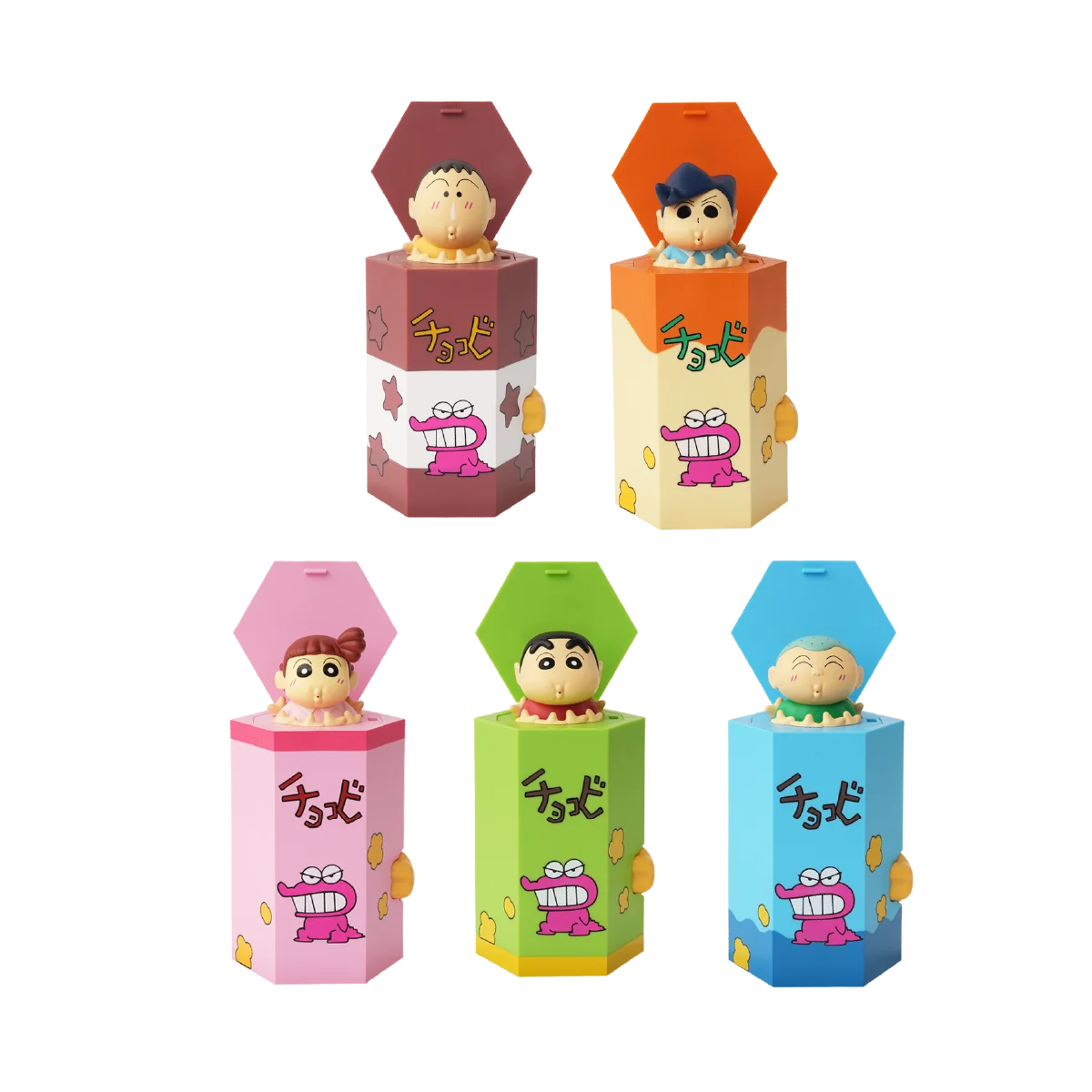 Complete lineup of Shinnosuke, Kazama-kun, Nene-chan, Masao-kun, and secret Summer Smash toys