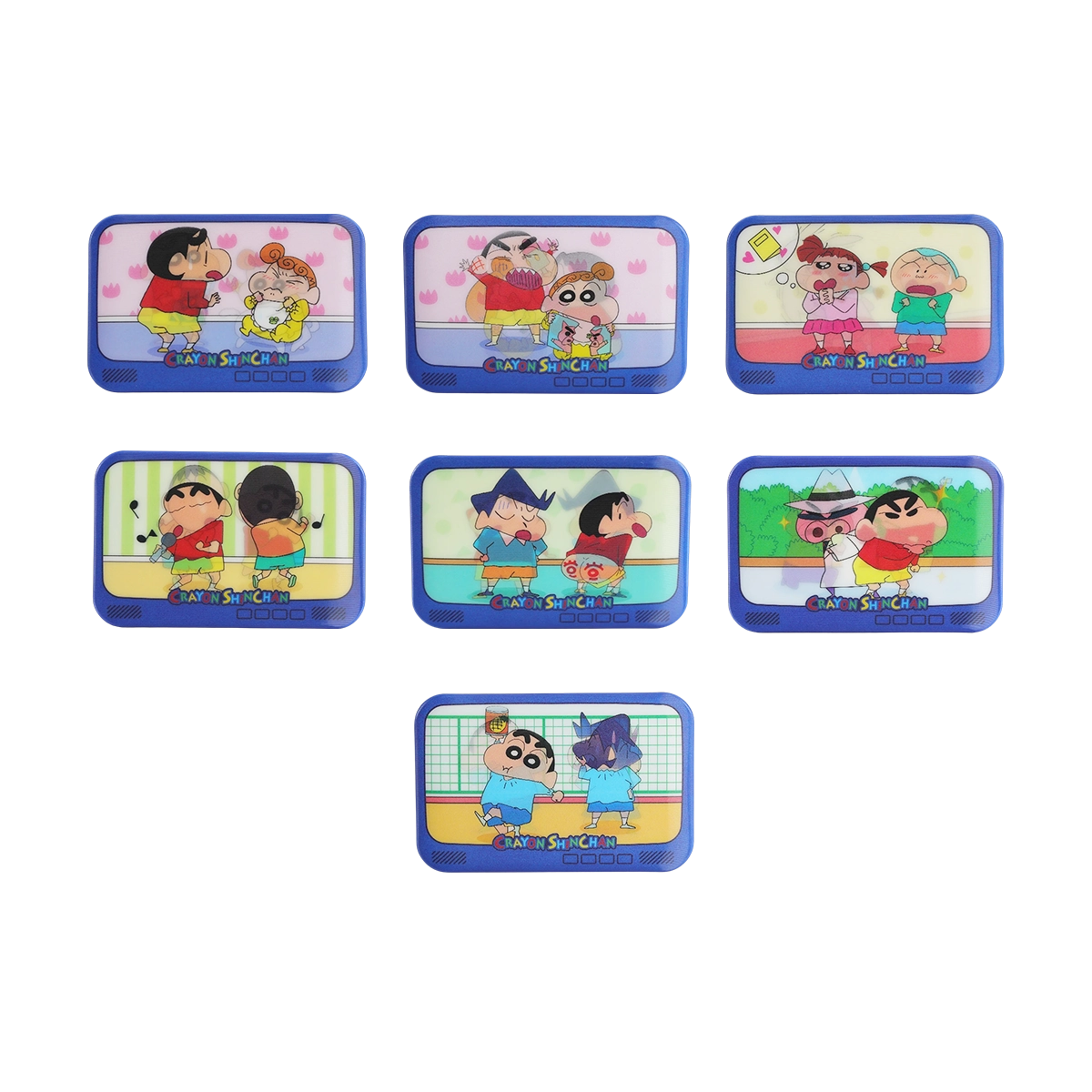 Full lineup of seven blue lenticular badges showing scenes from Crayon Shinchan Lenticular Badge Blind Bag