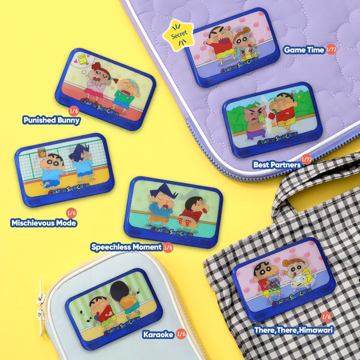 Labeled lineup of lenticular badges scattered on a picnic mat from Crayon Shinchan Lenticular Badge Blind Bag
