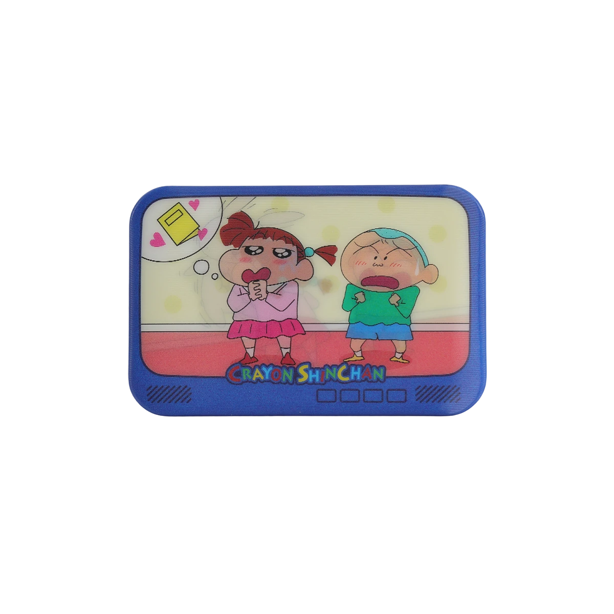 TV-shaped lenticular badge showing Nene and Bo-chan from Crayon Shinchan Lenticular Badge Blind Bag
