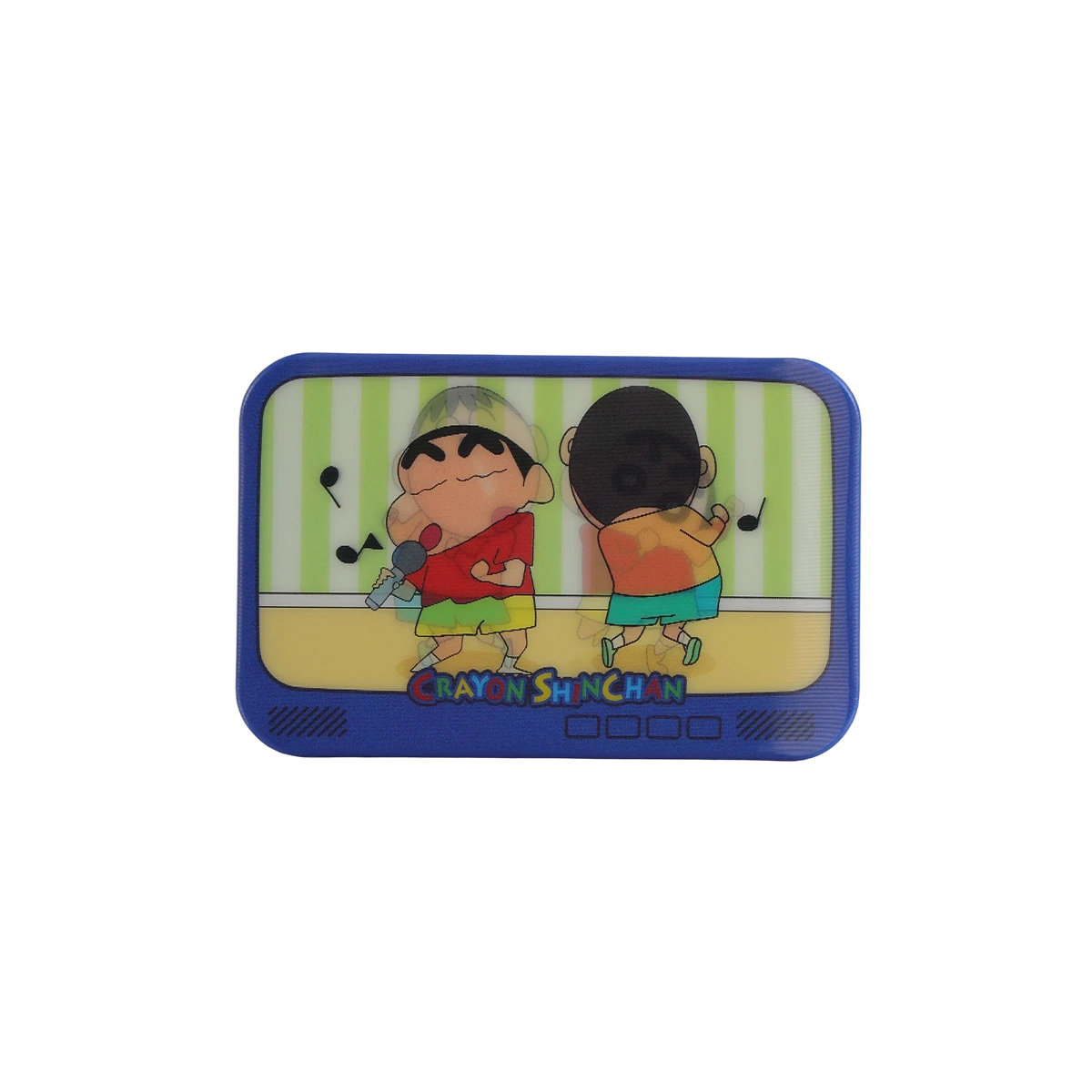 TV-shaped lenticular badge of Shin-chan and friend singing from Crayon Shinchan Lenticular Badge Blind Bag