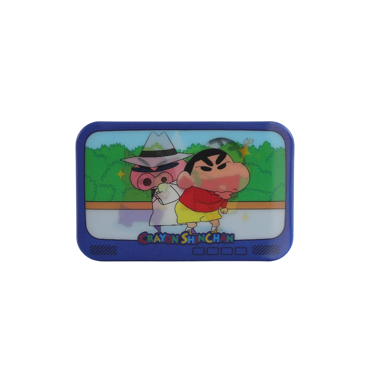 TV-shaped lenticular badge of disguised duo in a forest scene from Crayon Shinchan Lenticular Badge Blind Bag