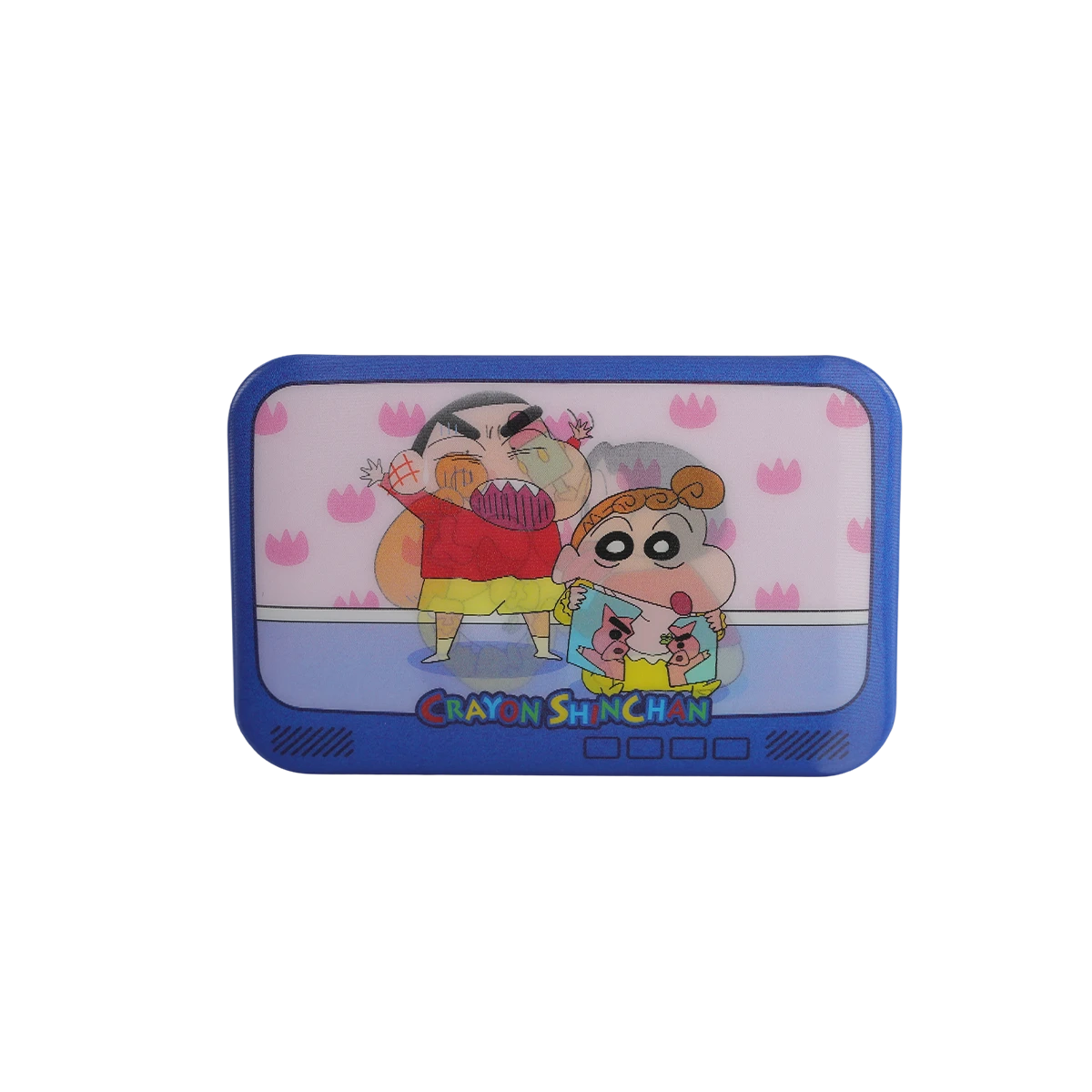 TV-shaped lenticular badge of angry parent and Shin-chan scene from Crayon Shinchan Lenticular Badge Blind Bag
