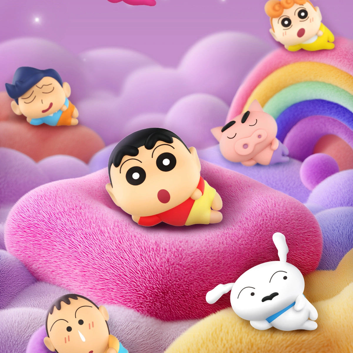 Crayon Shinchan MiniMe Lazy Chill figures lounging on dreamy clouds with rainbow