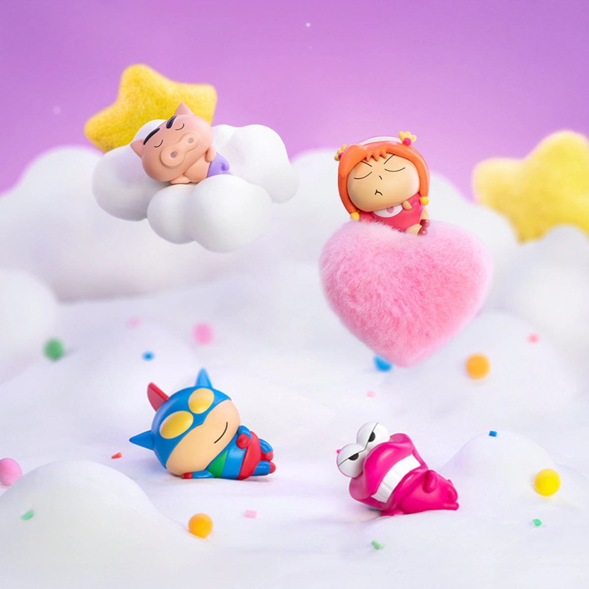 Buriburizaemon, Himawari and Action Kamen resting on clouds, Crayon Shinchan Lazy Chill