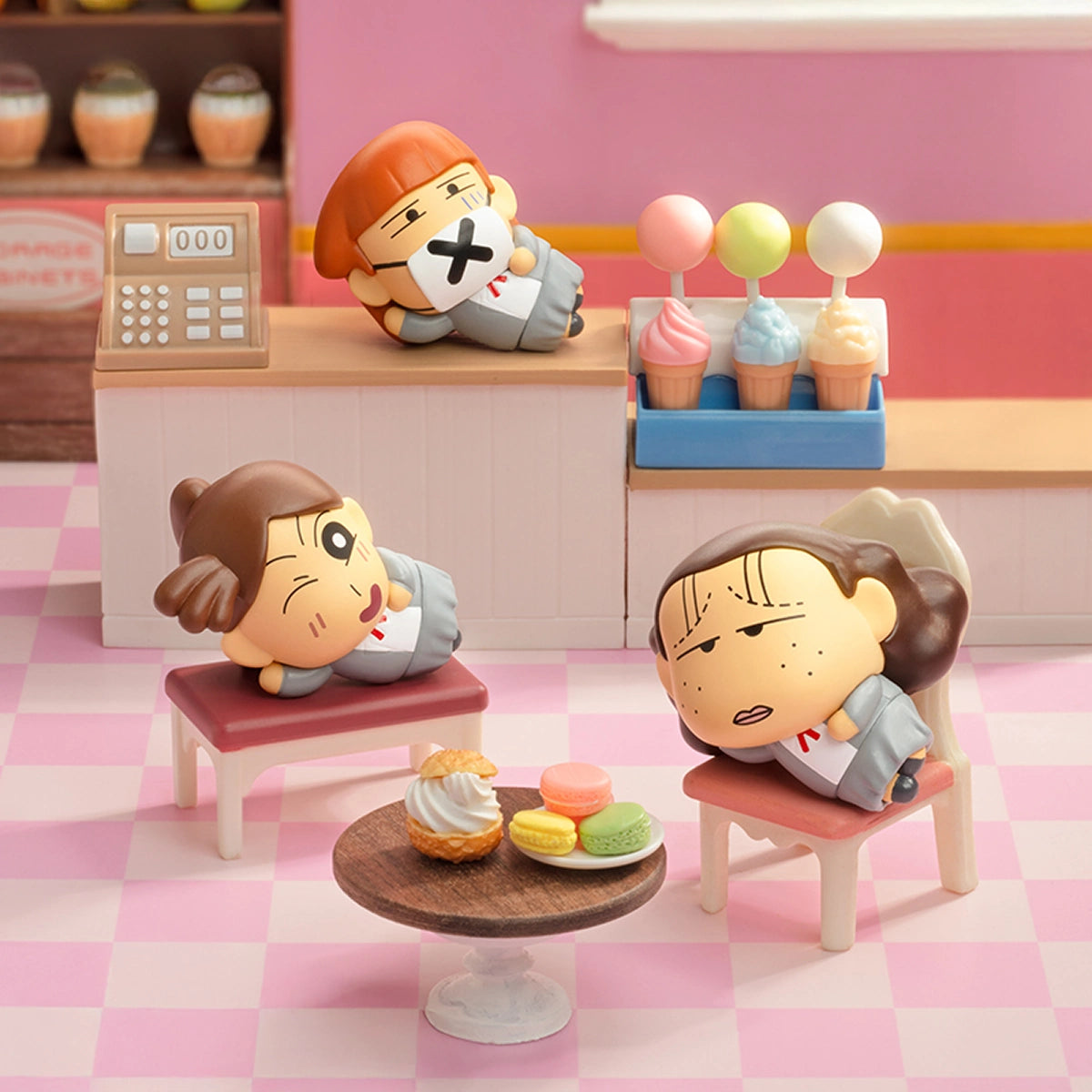 Saitama Scorpion Gang girls lounging in a sweets shop, Crayon Shinchan MiniMe Lazy Chill