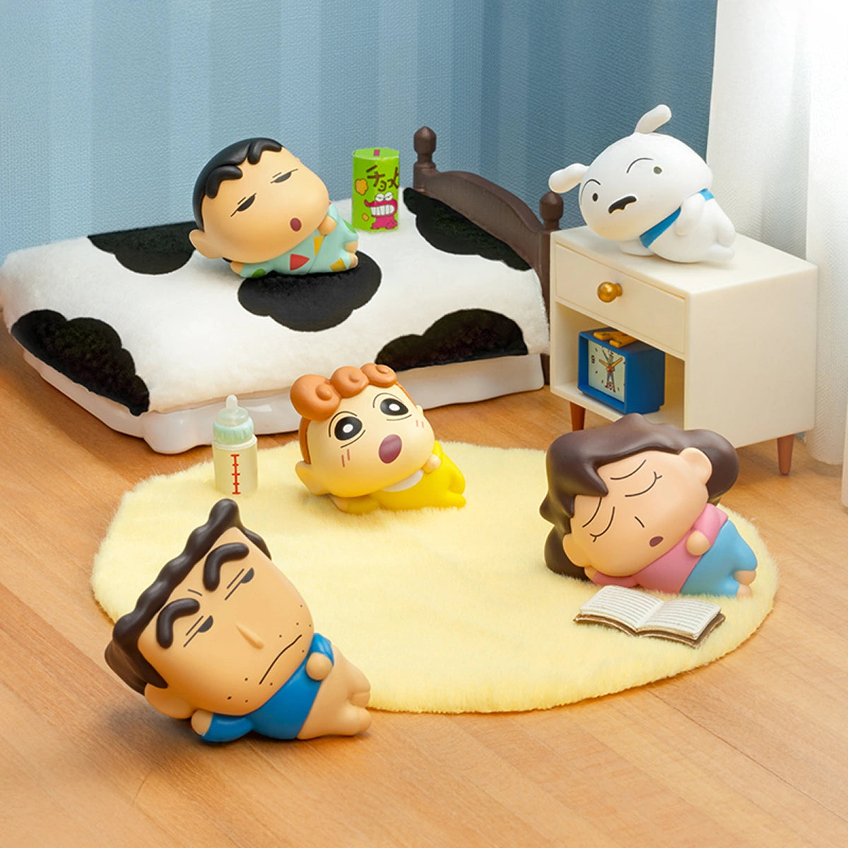 Nohara family figures resting in a bedroom scene with Shiro, Crayon Shinchan MiniMe Lazy Chill