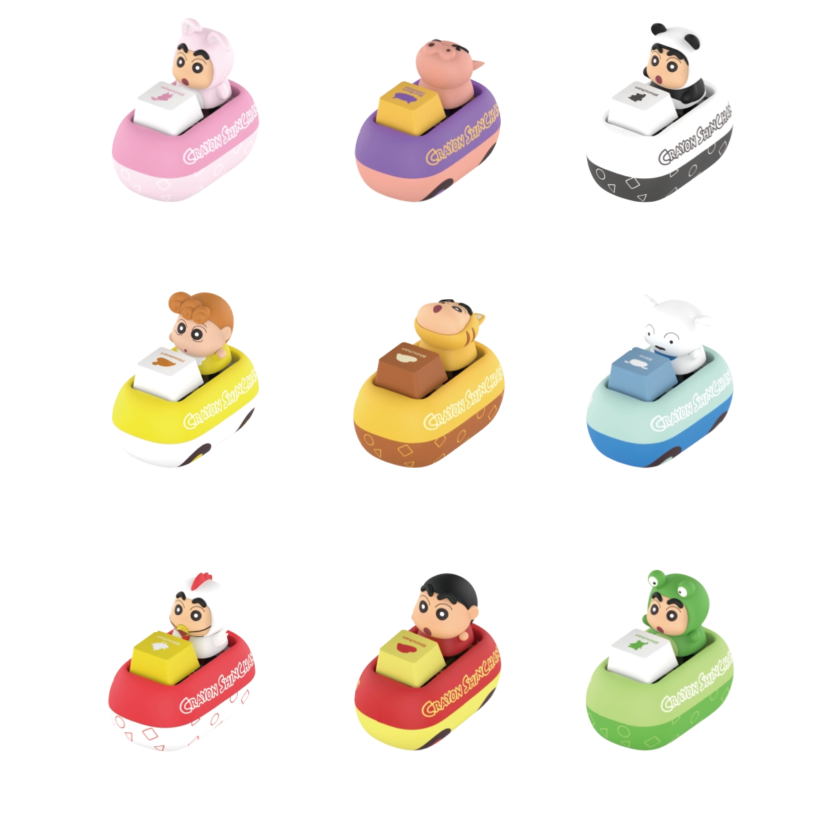 Full set of nine Crayon Shinchan figures in keycap-topped bumper-car bases, Tap & Relieve blind box