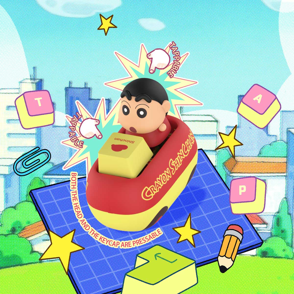 Shinchan car figure with pressable head and keycap shown on a keyboard graphic, Tap & Relieve Series