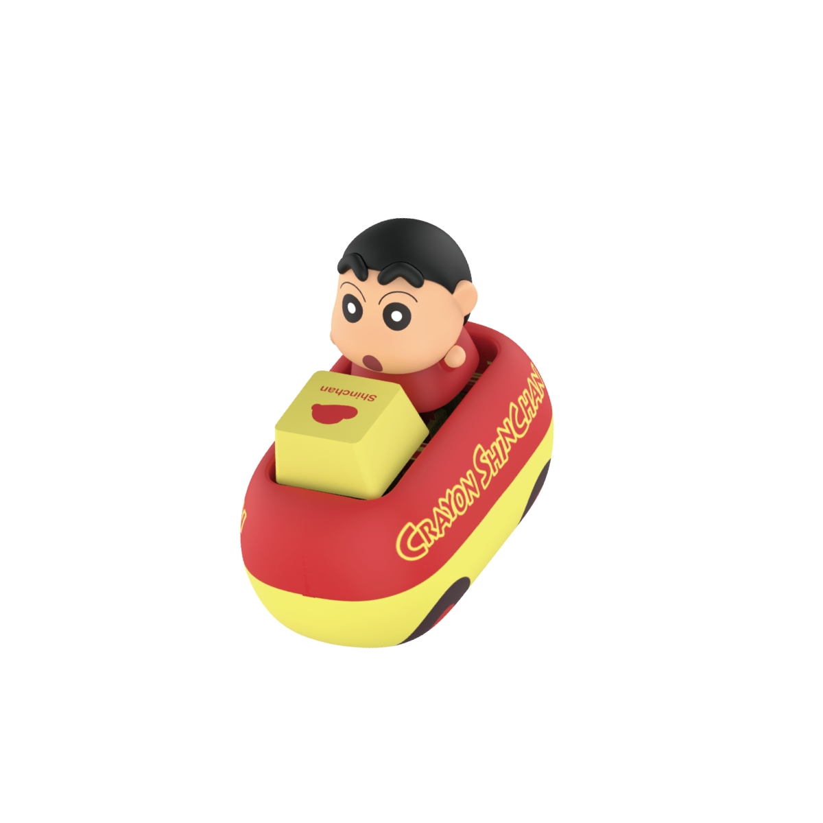 Shinchan in a red-and-yellow car base topped with a yellow keycap, Crayon Shinchan Tap & Relieve Series by 52TOYS