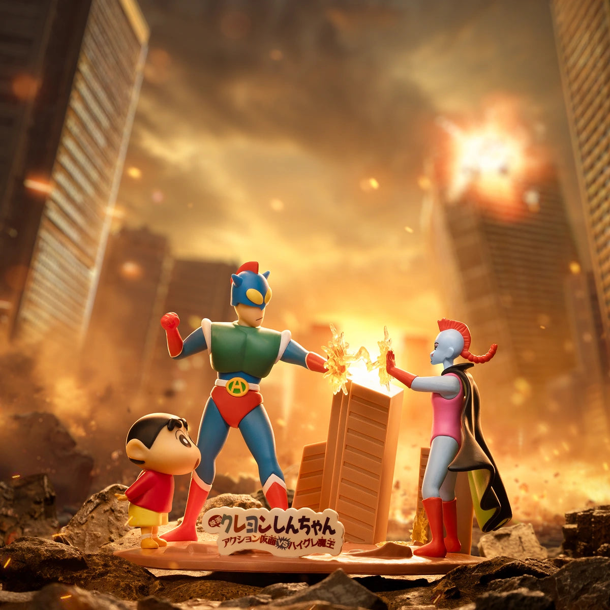 Full set of Crayon Shin-chan Classic Movie Moments dioramas on a film-themed stage