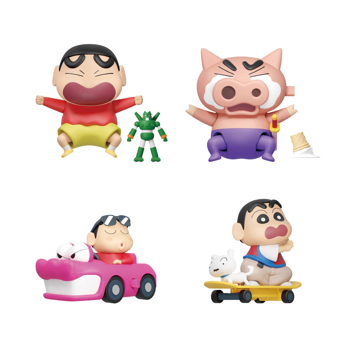 Full set of four Crayon Shinchan Dynamic Shin-Vibes wind-up figures with Shiro, skateboard and croc car