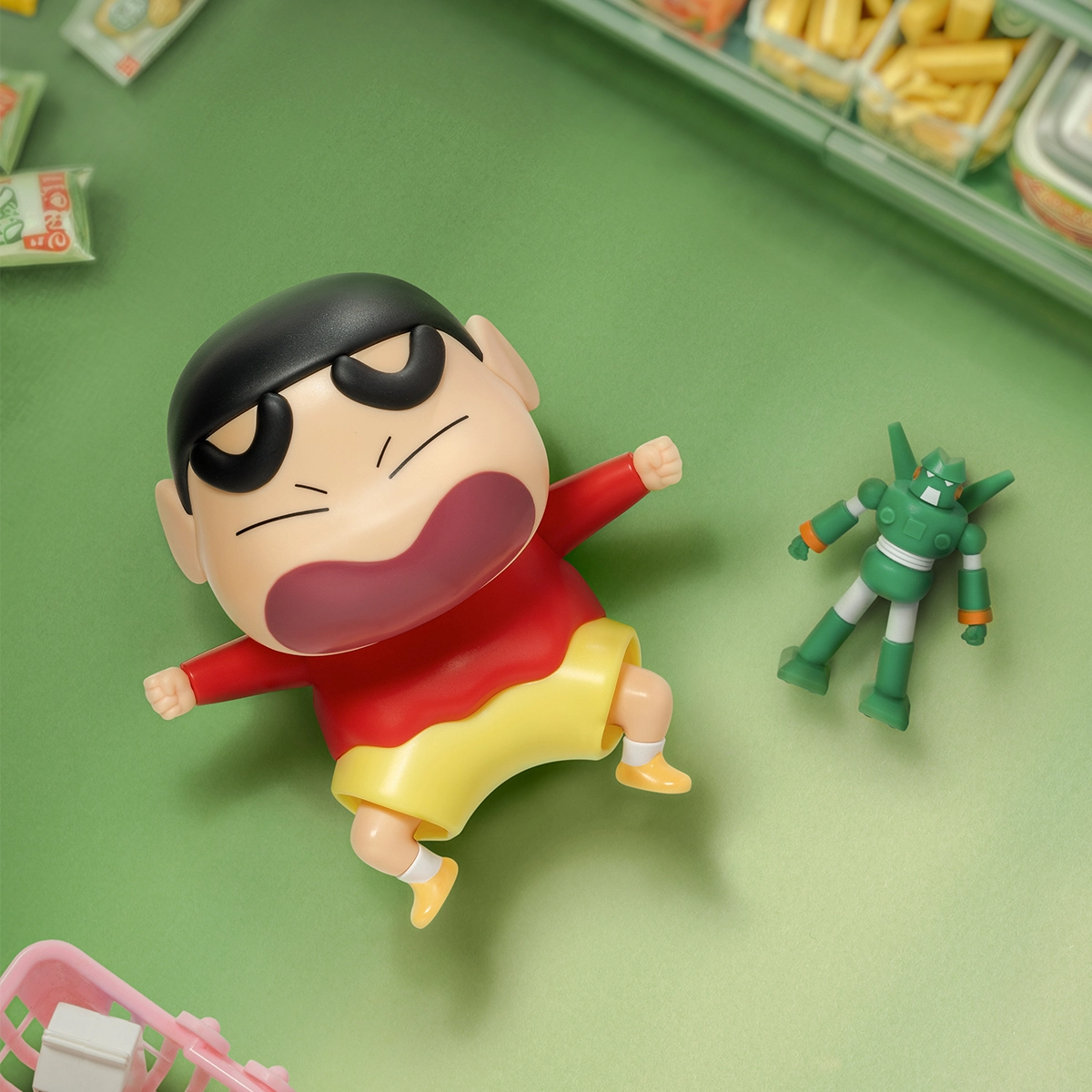 BUY IT FOR ME! Shinchan mid-tantrum with green hero robot, Crayon Shinchan Dynamic Shin-Vibes