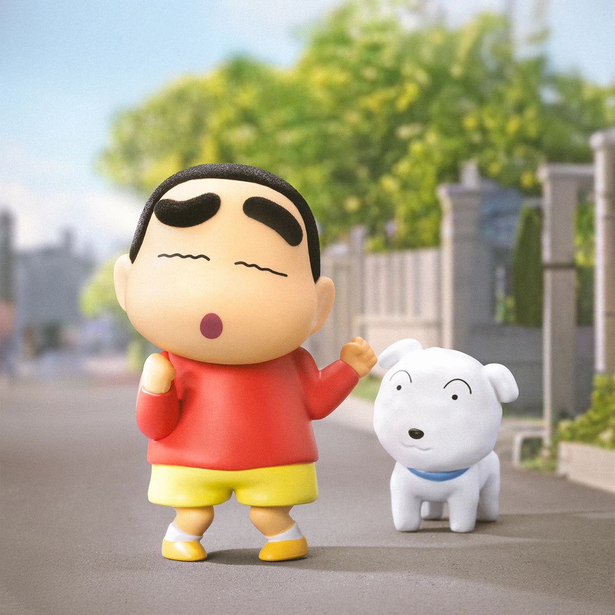 Oops Shinchan walking his white dog Shiro with a surprised face, Early Potato Head blind box