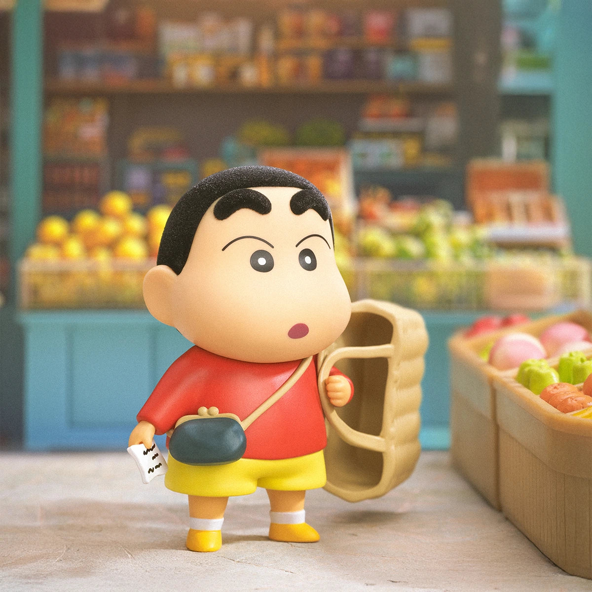 Go Shopping Shinchan with woven basket, coin purse and shopping list at a shop, Early Potato Head