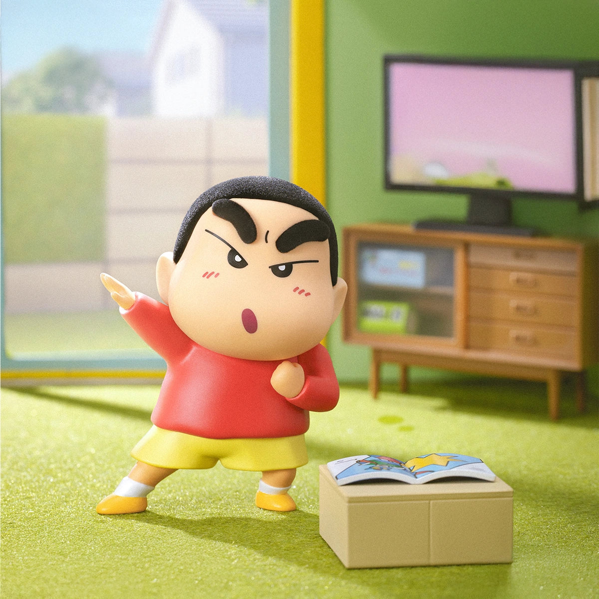 Action Kamen Transform Shinchan striking a hero pose before the TV, Early Potato Head blind box