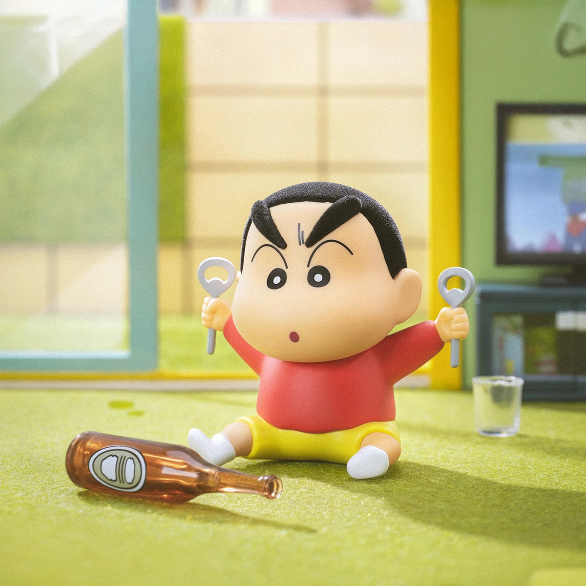 Celebration Shinchan holding two bottle openers beside a beer bottle, Early Potato Head blind box