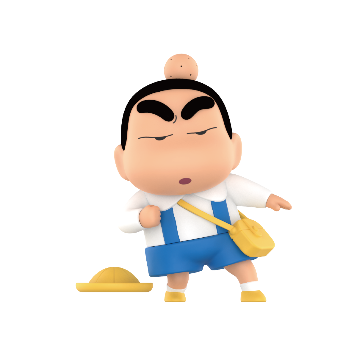 Shinchan with a topknot in blue overalls and yellow messenger bag as his straw hat flies off, Early Potato Head