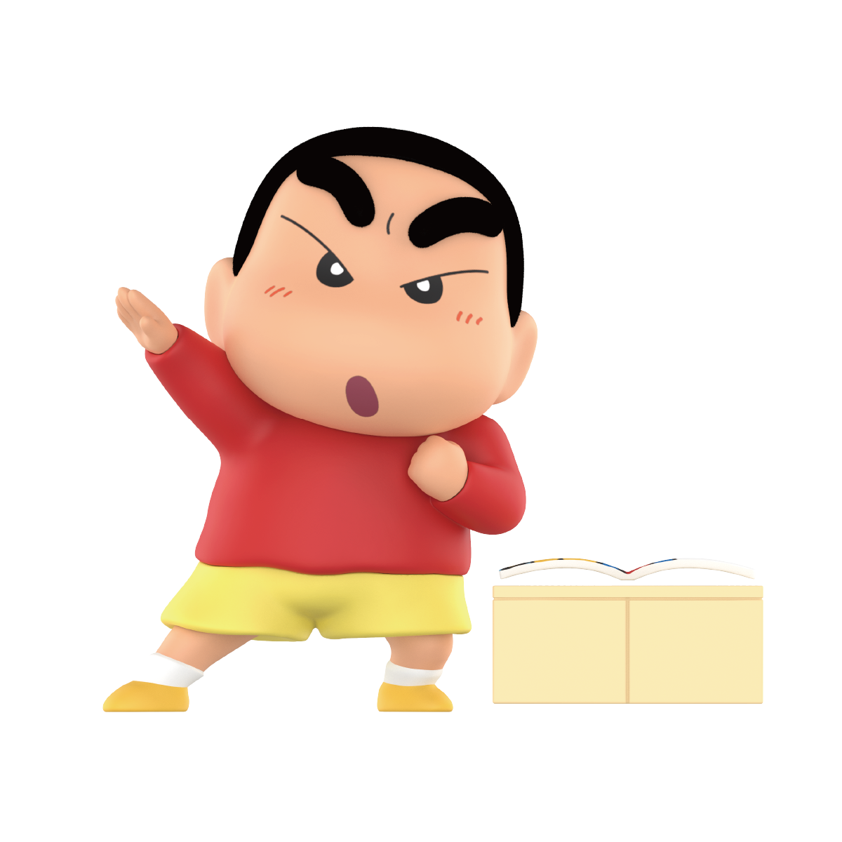 Action Kamen Transform Shinchan in a hero pose beside an open book, Early Potato Head blind box