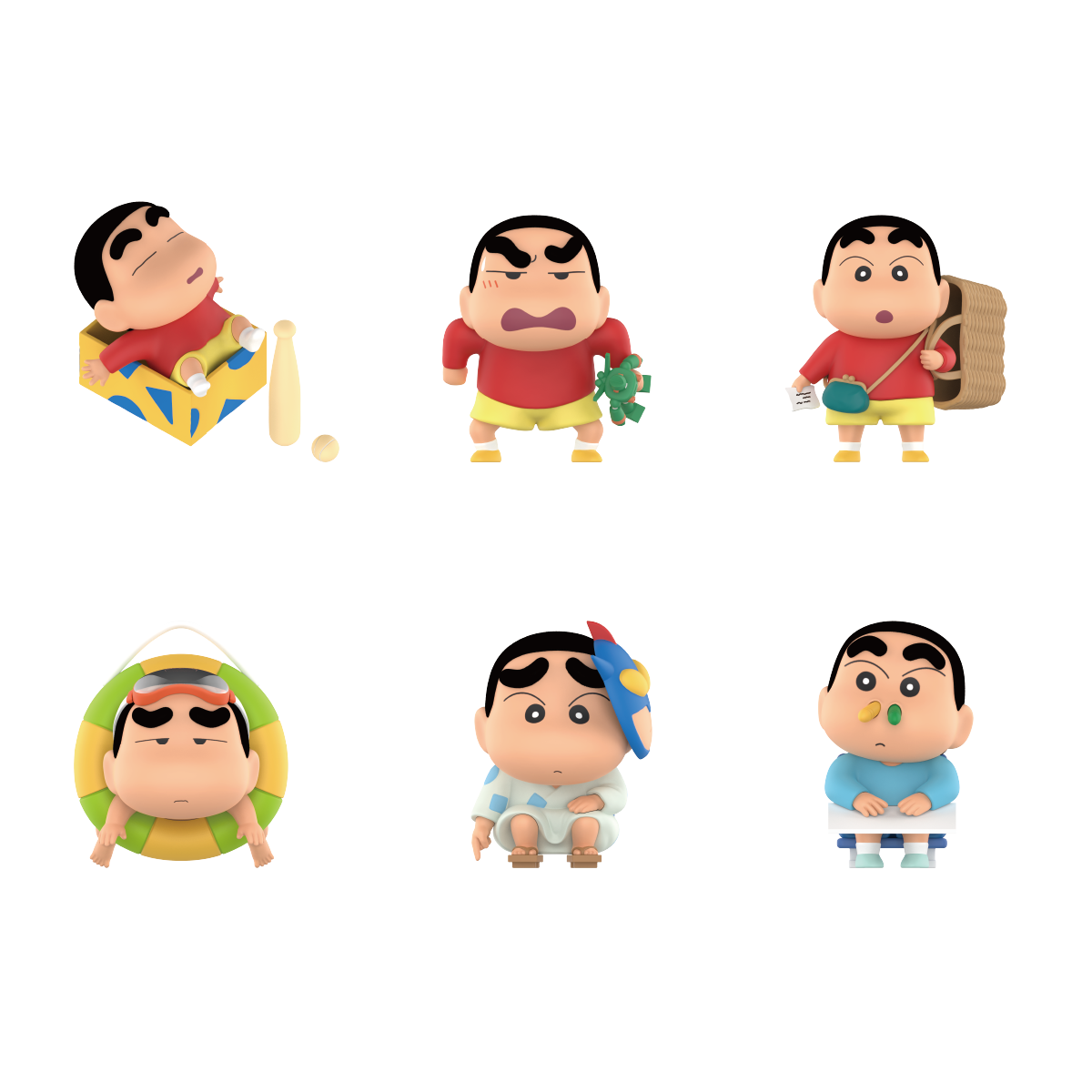 Six chubby Early Potato Head Shinchan figures in everyday scenes, flocked blind box