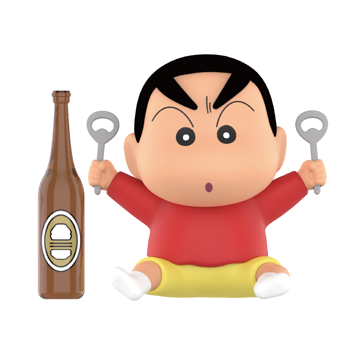 Celebration Shinchan sitting with two bottle openers and a beer bottle, Early Potato Head blind box