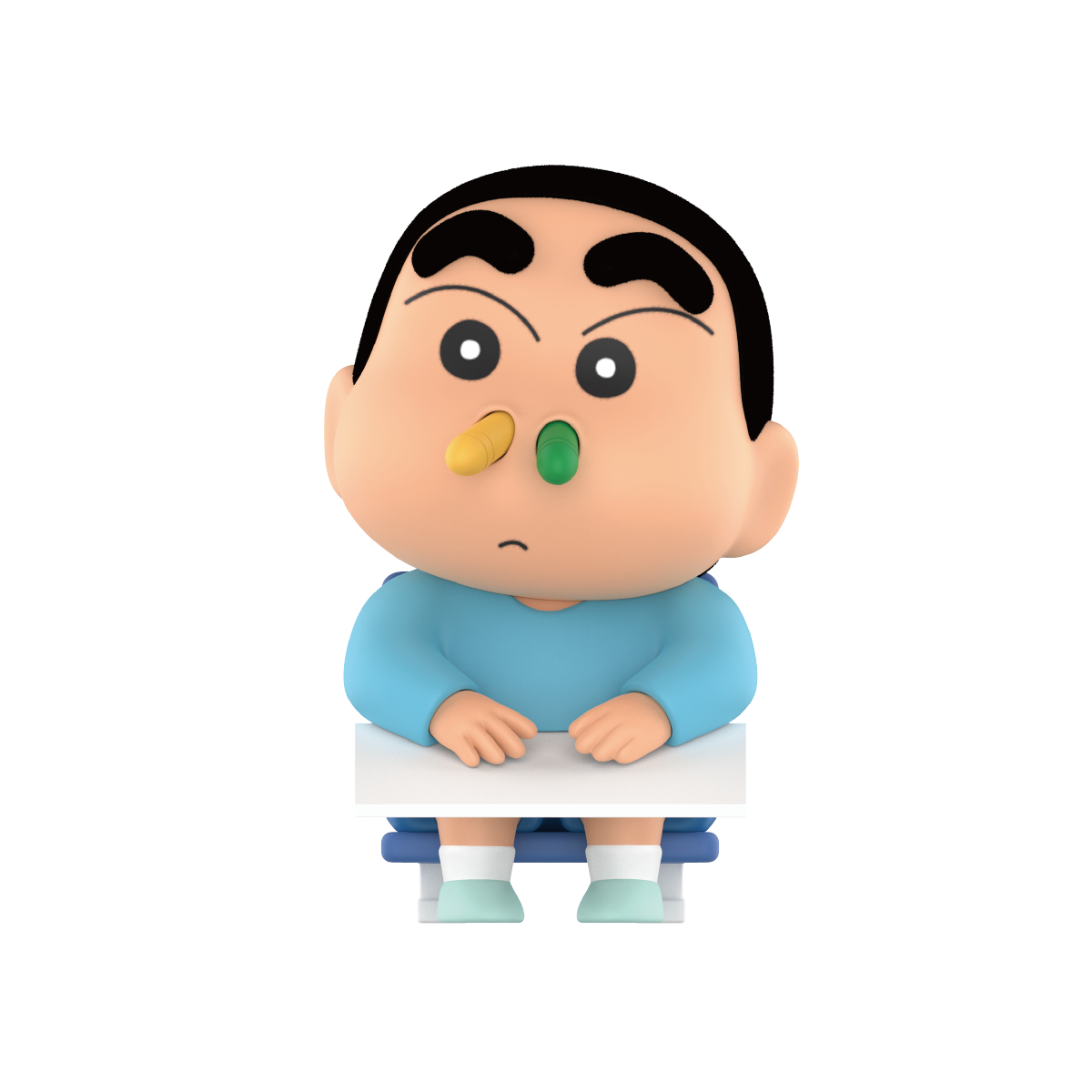 Shinchan With Crayons seated with crayons stuck up his nostrils, Early Potato Head blind box